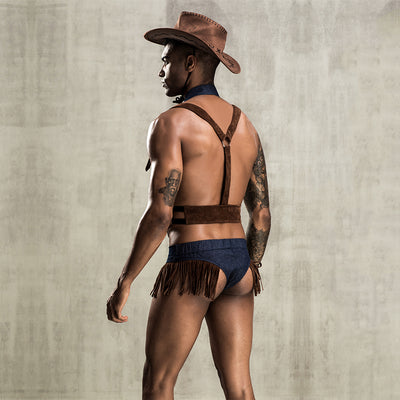 Men's Sexy Cowboy Suit Harness Vest Fringe Patchwork Design Costume Set 2